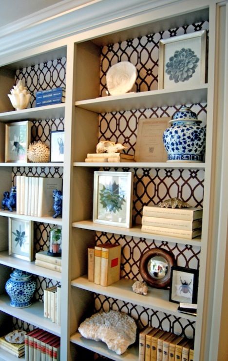 Add Patterned Wallpaper Behind Boring Bookshelves To Bring Personality