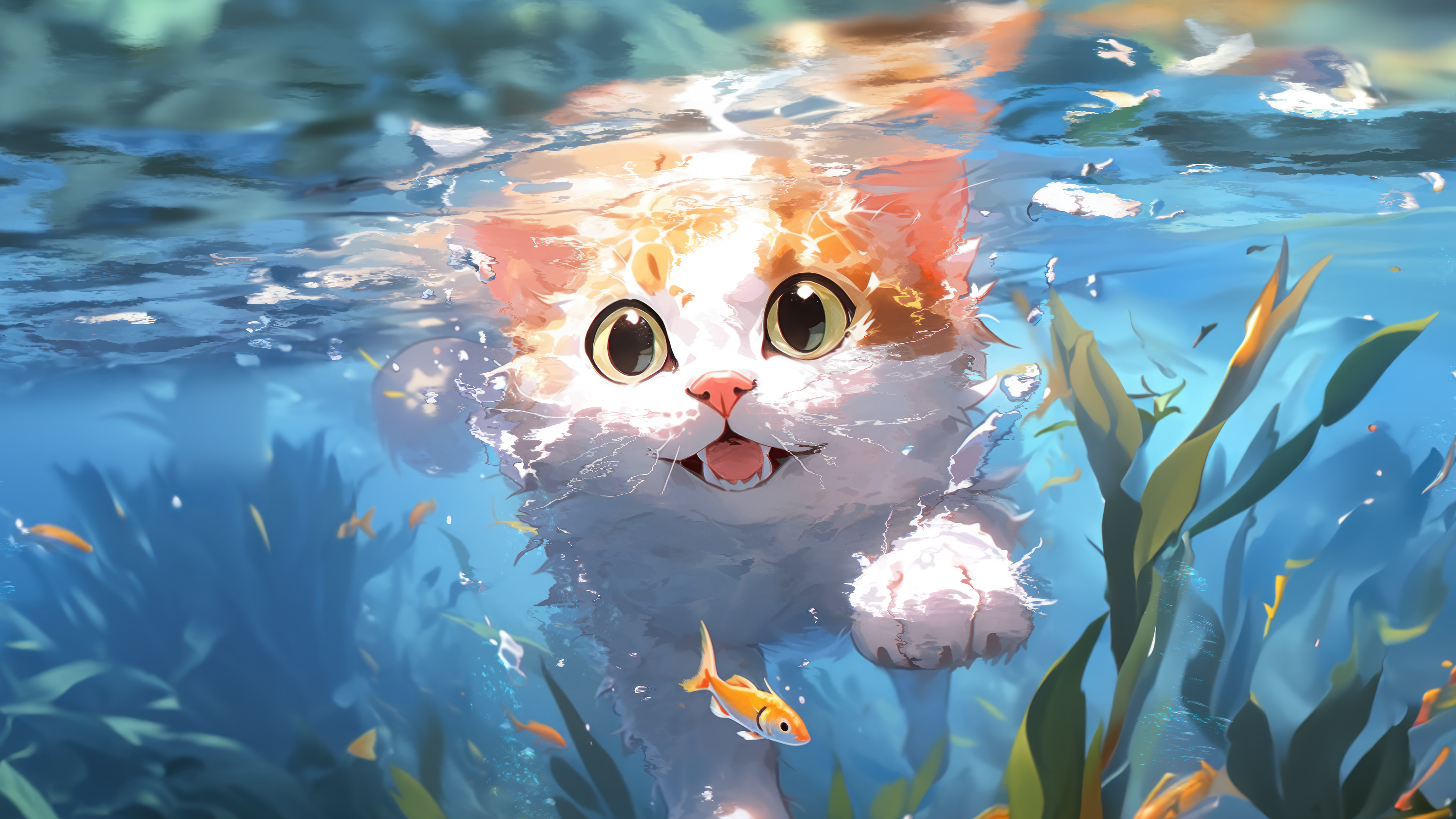 Anime Cat Swimming I Pc 4k Wallpaper