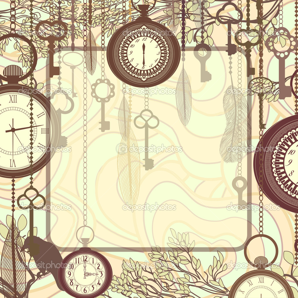 Vintage Background With Tree Branches And Antique Clocks Keys