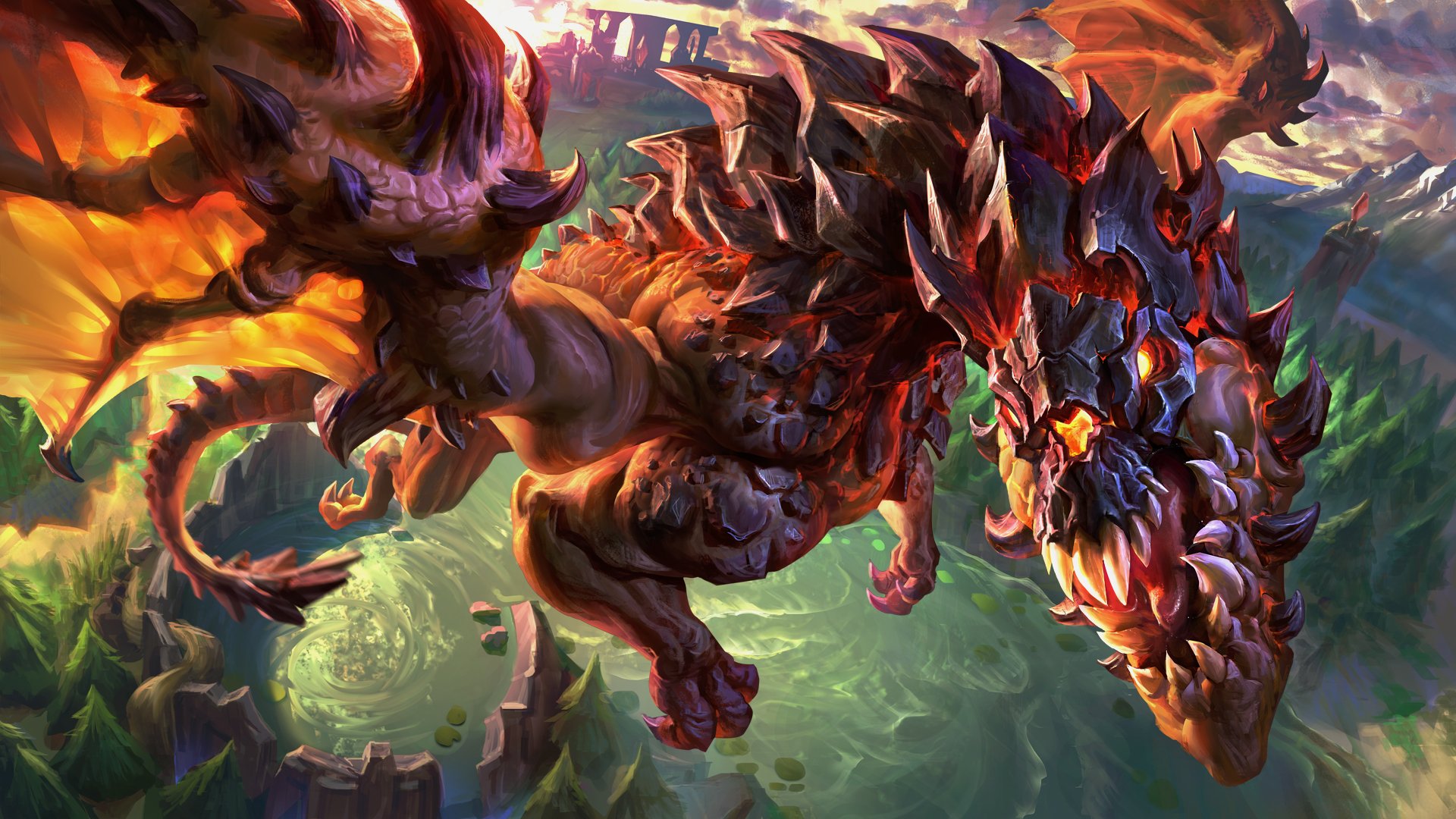 A fearsome, rocky dragon soaring over a fantasy landscape, its fiery wings spread wide and its sharp teeth bared