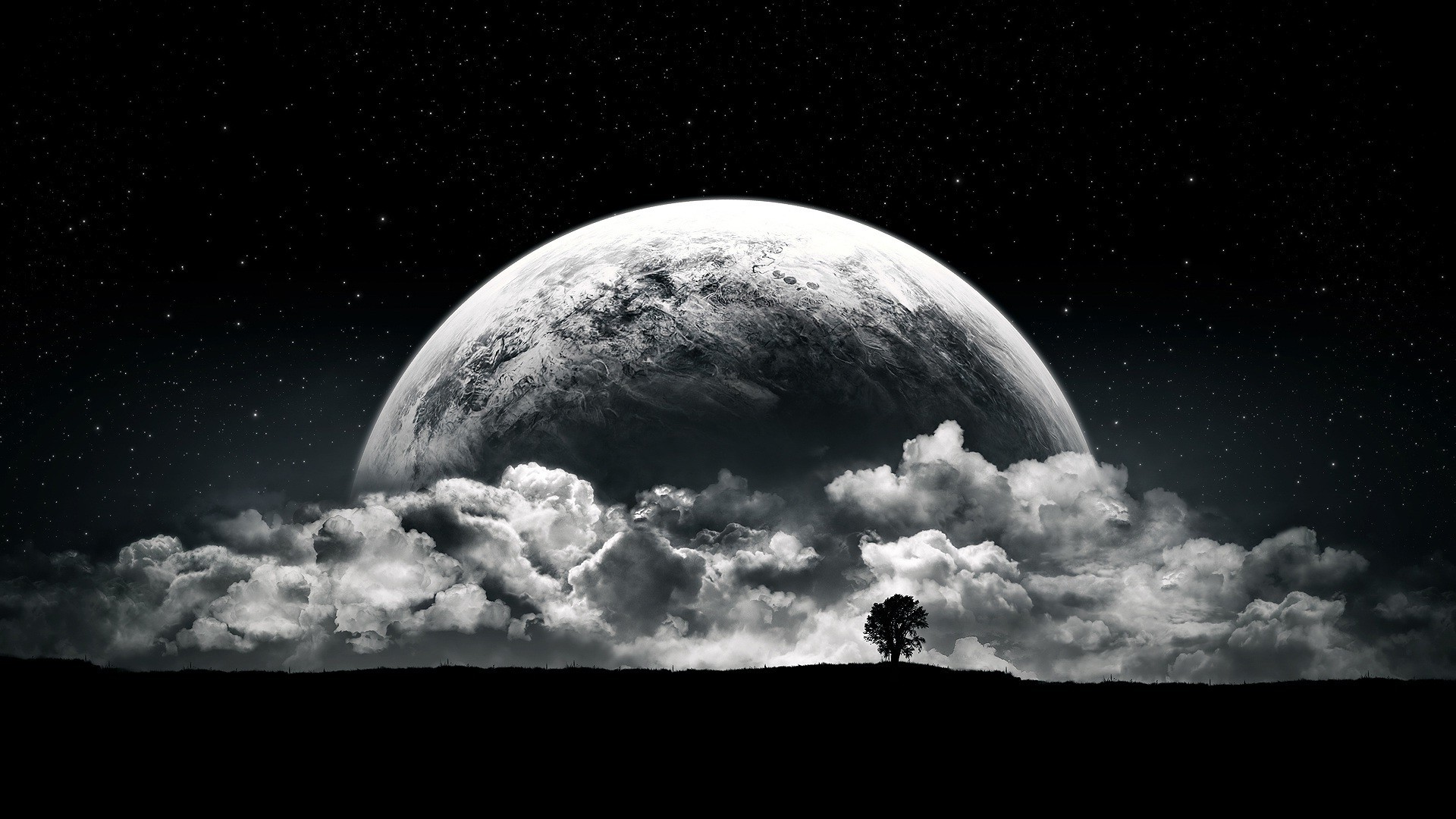 Planet Moon Clouds Stars Night Black White Wallpaper HD