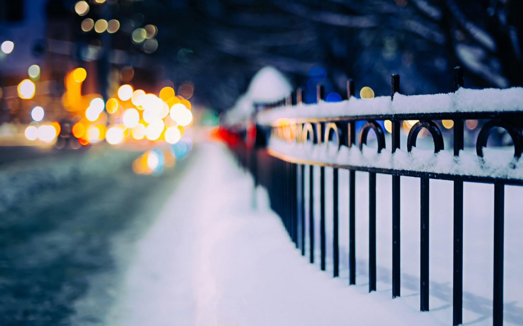 Snowy Fence In Winter City Night HD Wallpaper