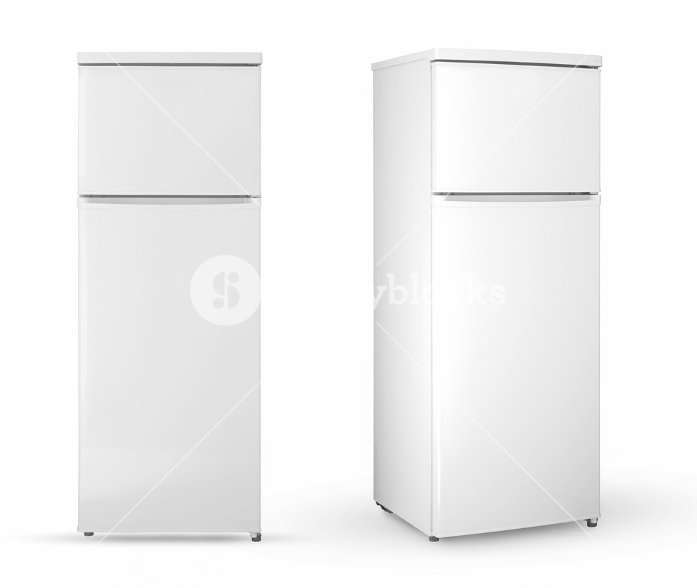 Modern Household Two Chamber Refrigerator On A White Background