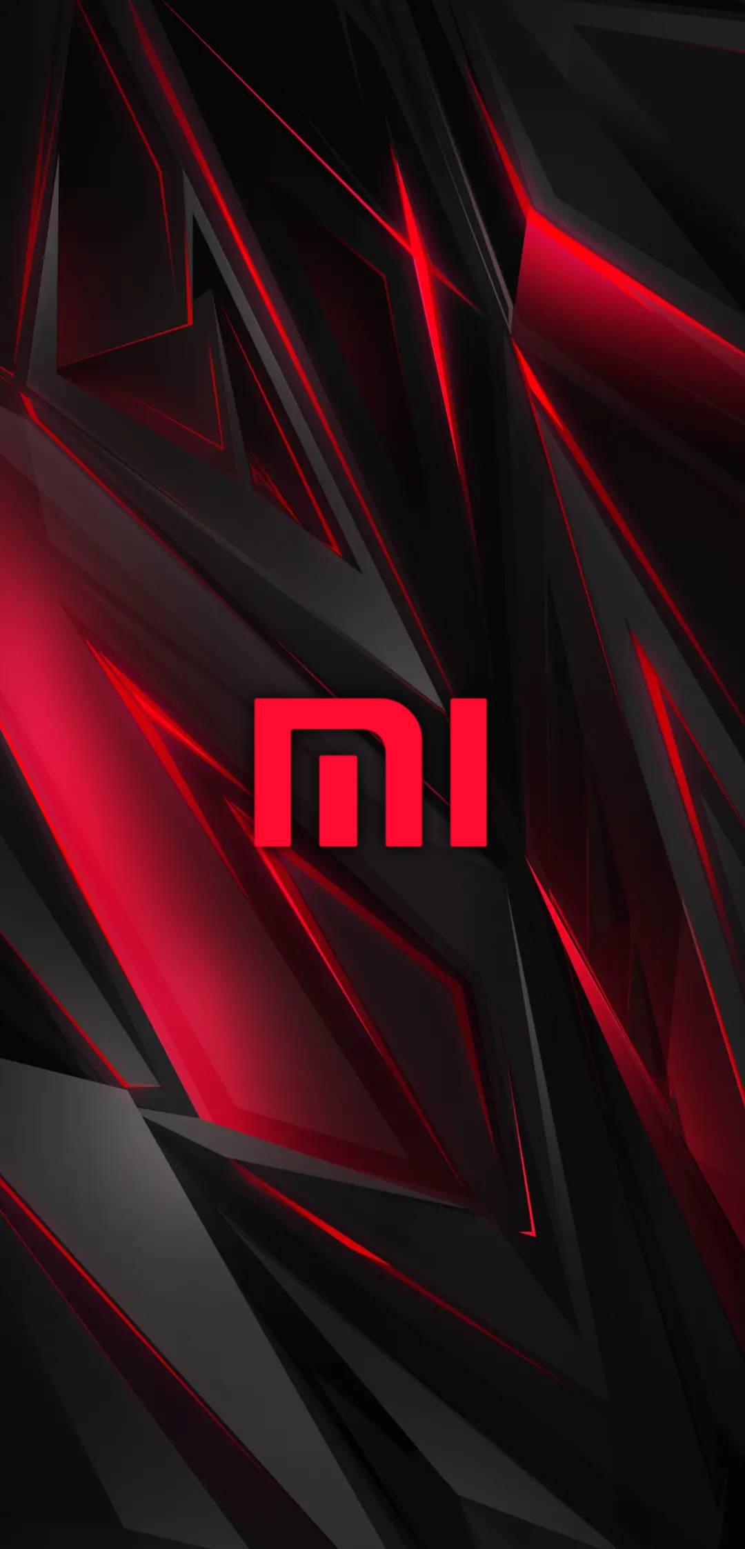 A striking Xiaomi logo in vibrant red, set against a dynamic backdrop of dark, angular shapes accented with glowing red lines, creating a futuristic and tech-inspired aesthetic