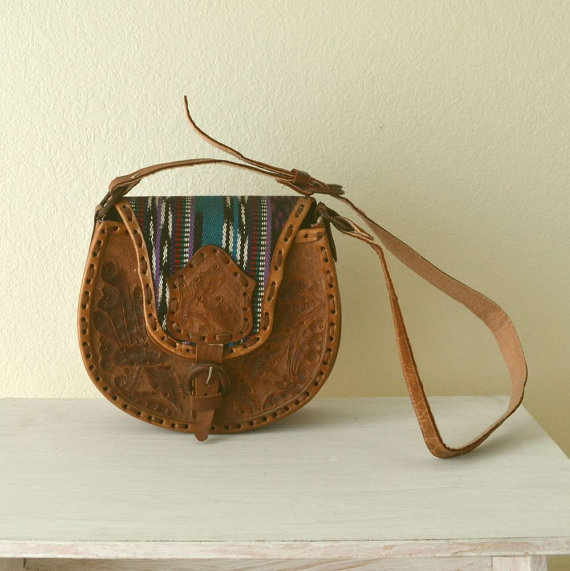 1970s Tooled Leather Kilim Fabric Handbag by StoryTellersVintage