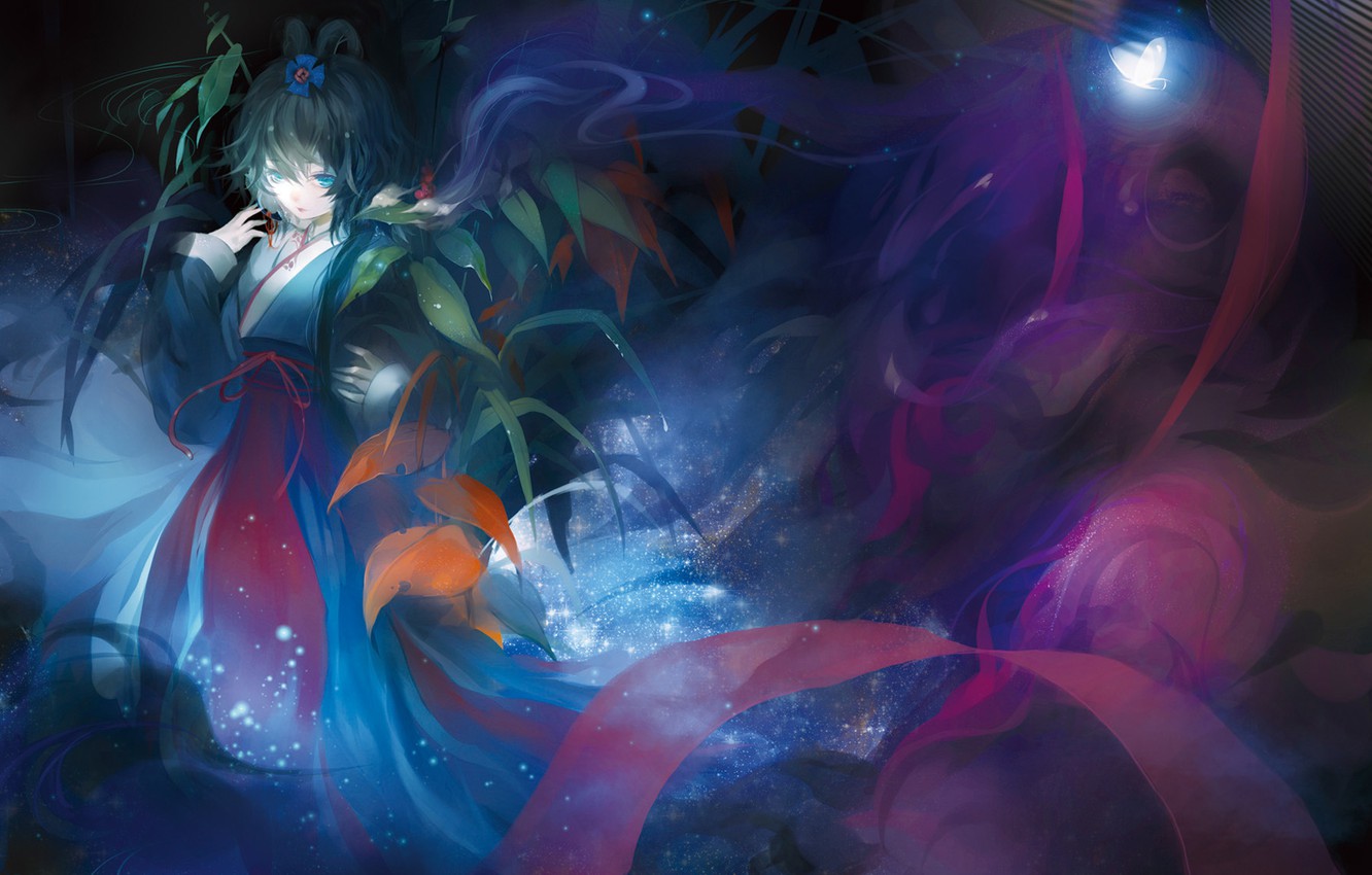 Wallpaper Leaves Girl Night Butterfly Shine Kimono Art