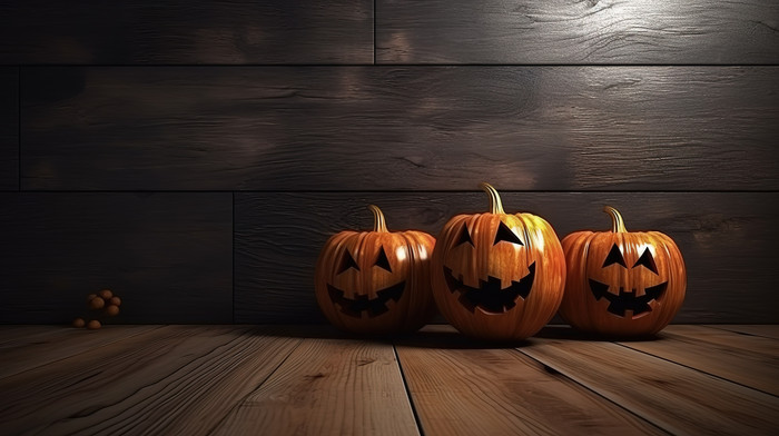 Wooden Wallpaper Carved Pumpkins In Front Of