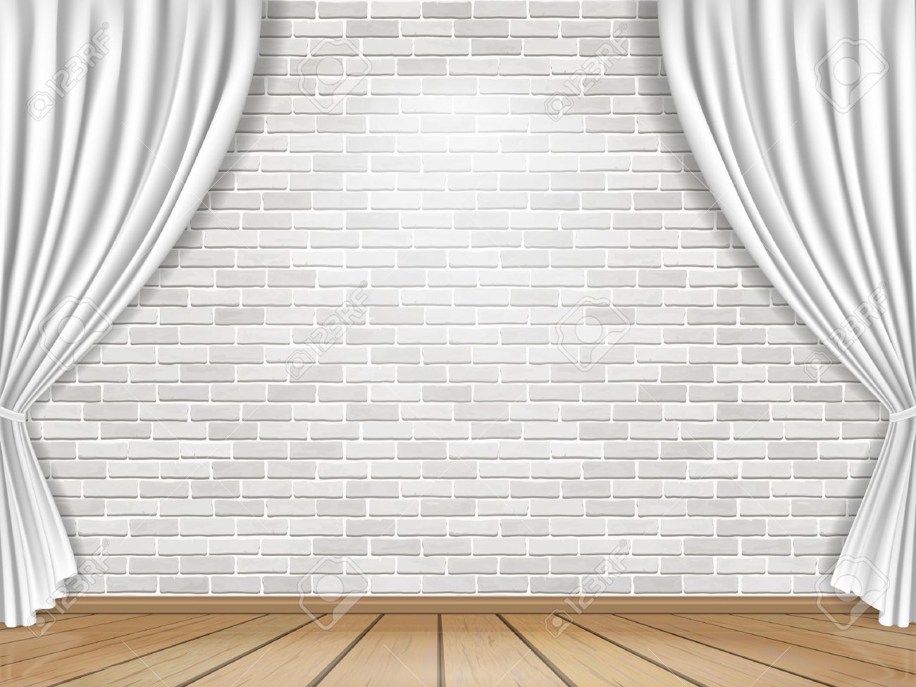 Stage With White Curtains On Brick Wall Background Royalty