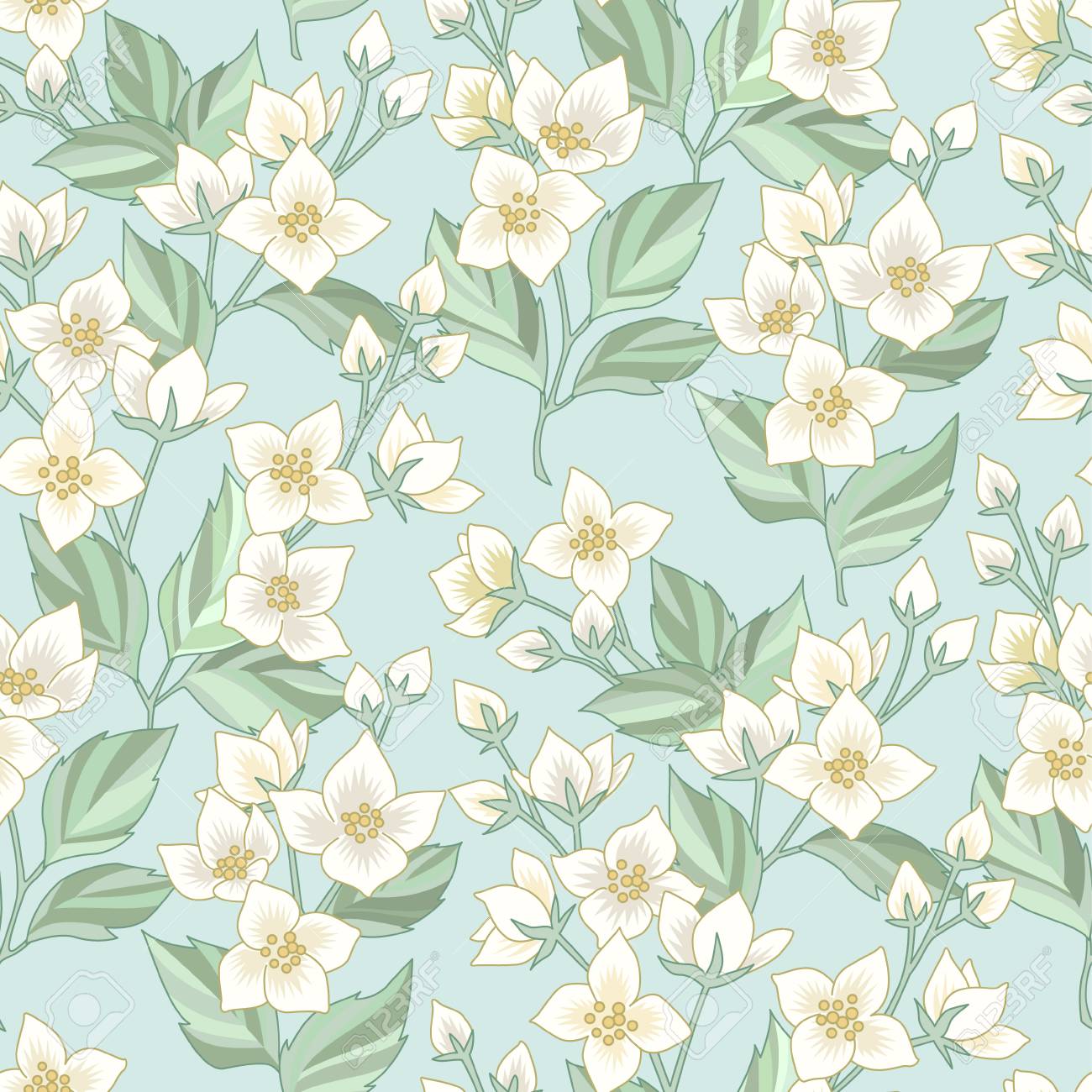 Floral Seamless Pattern With White Jasmine On Blue Background