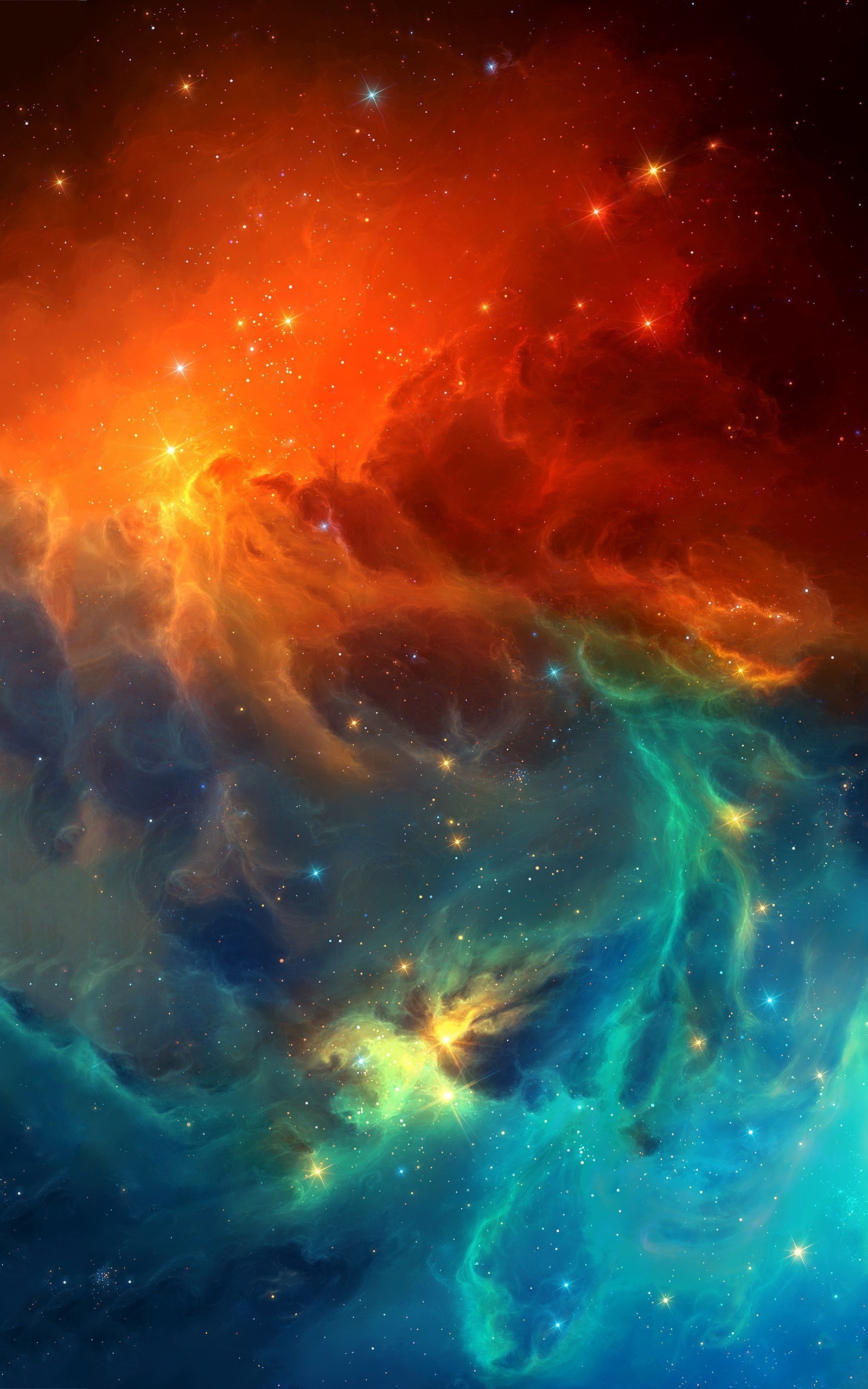A stunning phone wallpaper featuring a vibrant nebula with a mix of fiery orange, deep blue, and turquoise hues, sprinkled with countless stars
