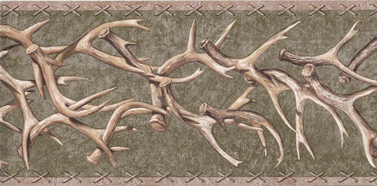 Details about Wallpaper Border Lodge Style Deer Antlers On Green Faux 1280x631