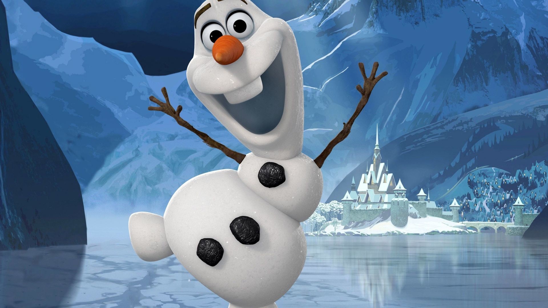 Olaf the snowman from Disney's Frozen in a joyful pose against a backdrop of a frozen landscape and Arendelle castle
