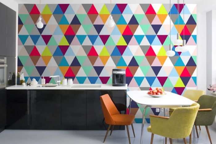  bold and vivid appearance of the kitchen geometric wallpaper works