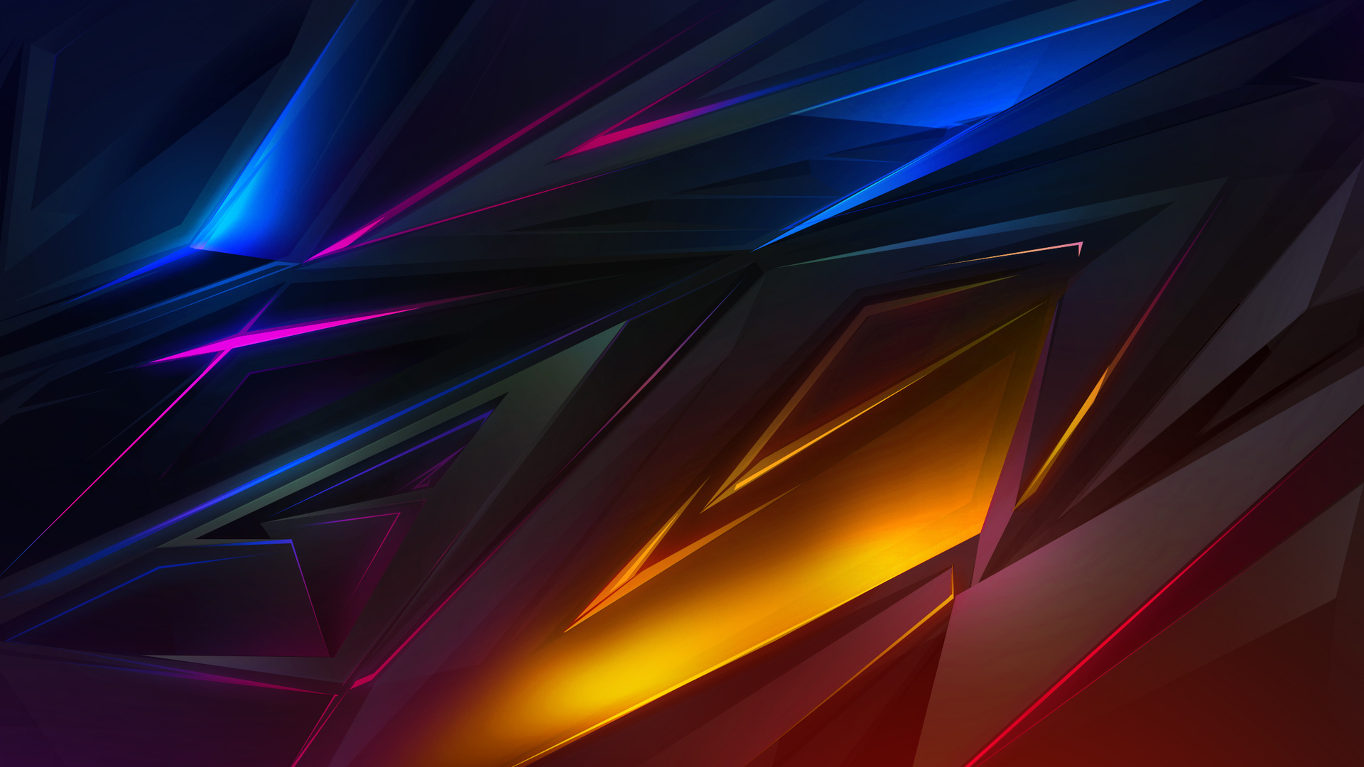 Abstract computer background with dynamic, intersecting shapes and vibrant neon glow in blue, purple, orange, and red colors