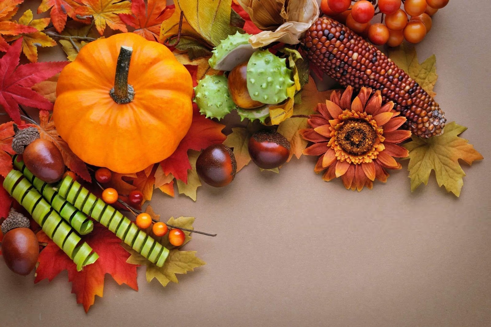 A festive Thanksgiving arrangement with a pumpkin, Indian corn, sunflower, acorns, chestnuts, and colorful autumn leaves on a brown background