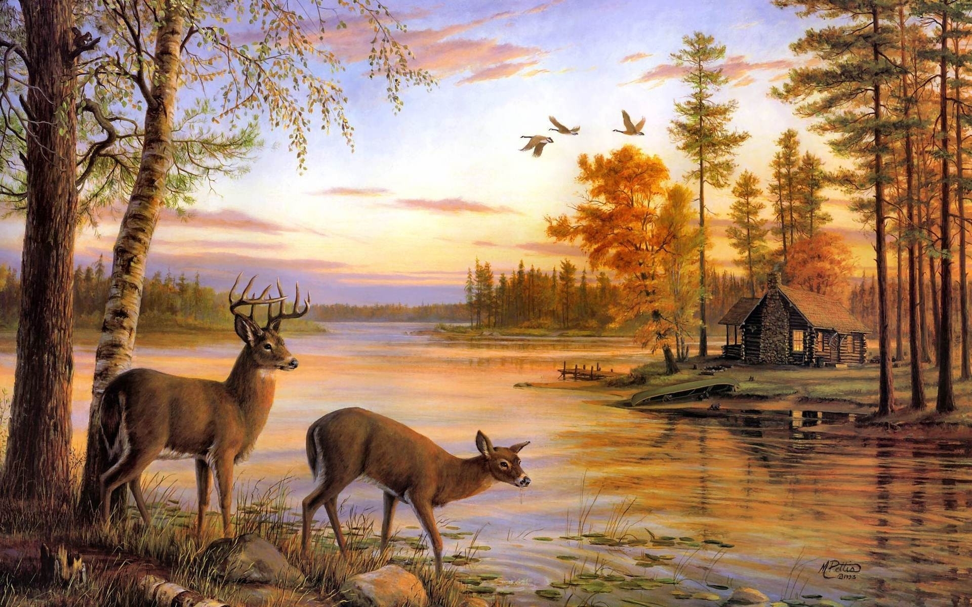 Deer Artwork Cabin Lakes Wallpaper High Resolution