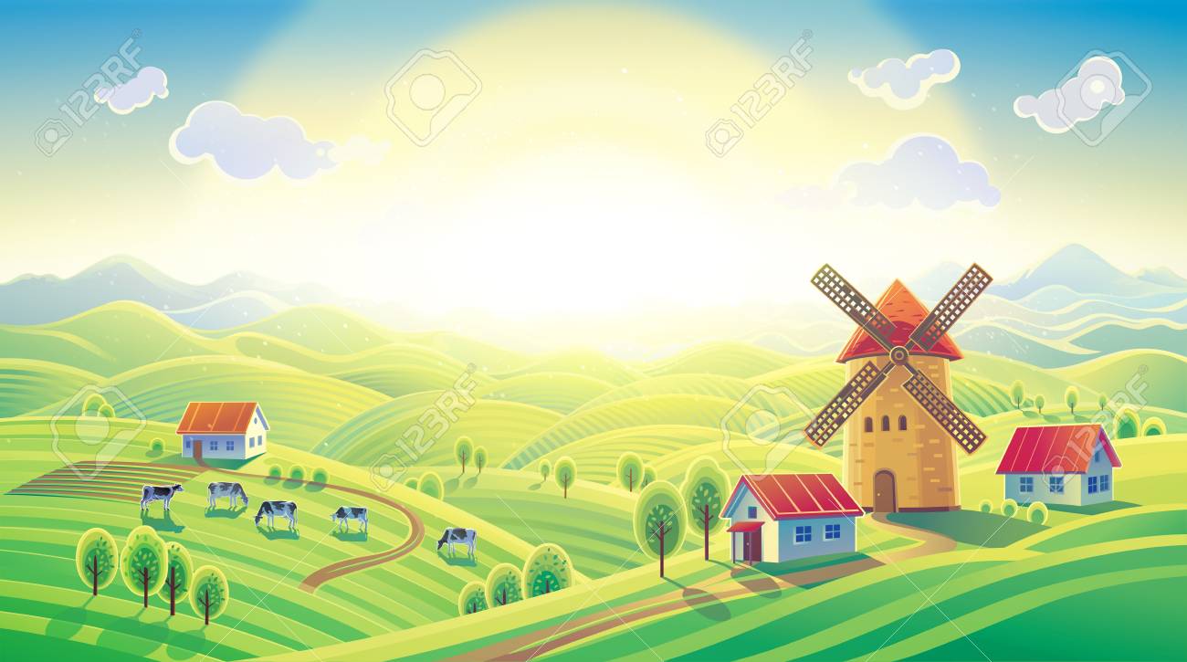 Rural Sunrise Landscape With A Mill And Village In A Cartoon Style 1300x725