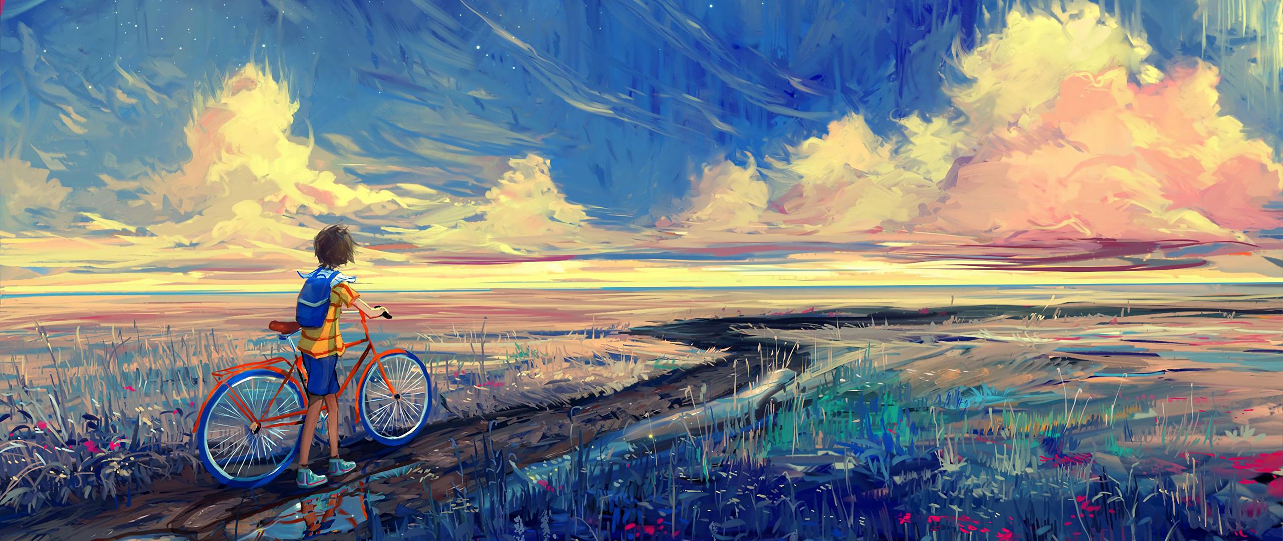 Wallpaper Bicycle Art Cyclist Pathway Dual Wide
