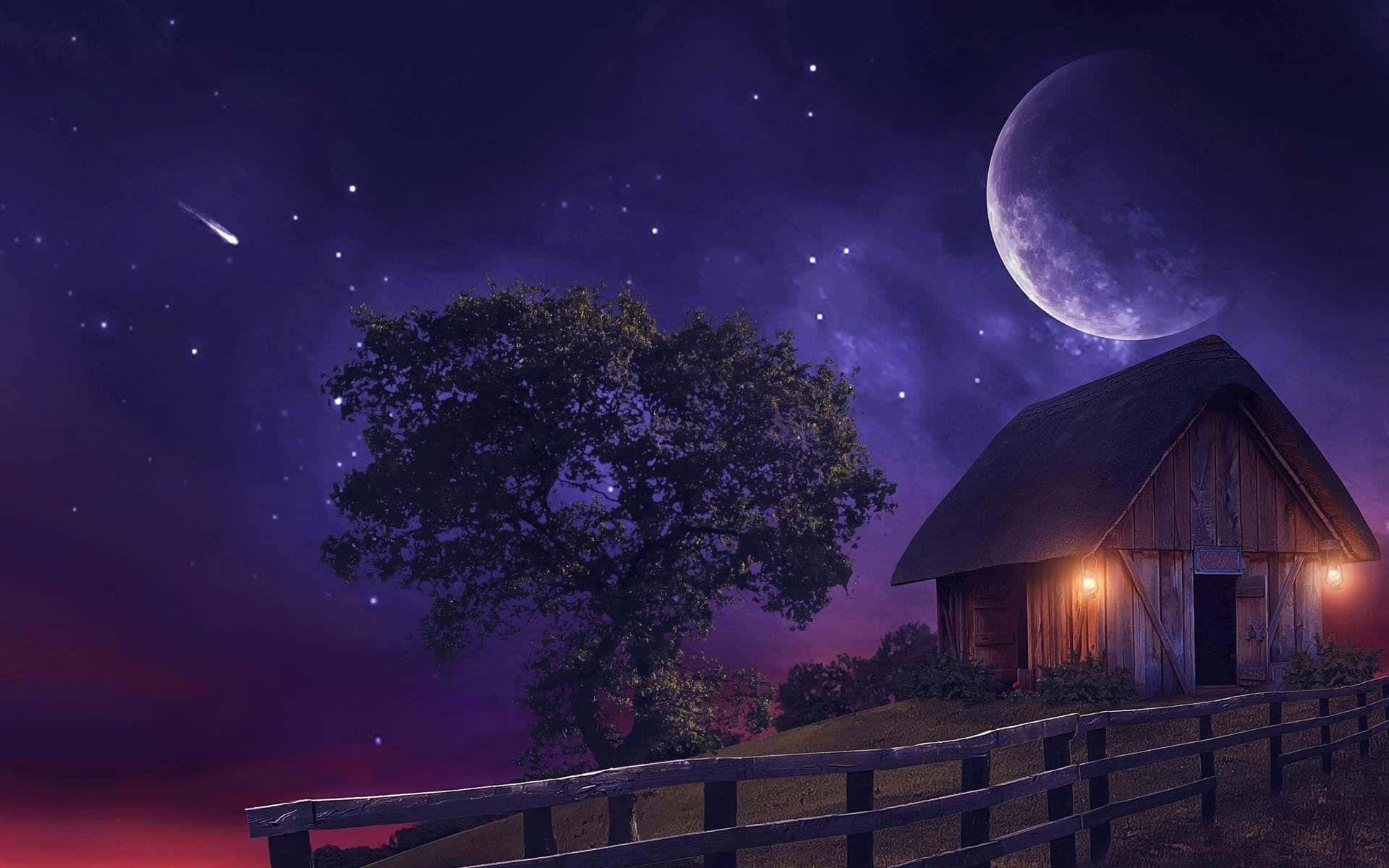 A House Under The Moon And Stars Wallpaper