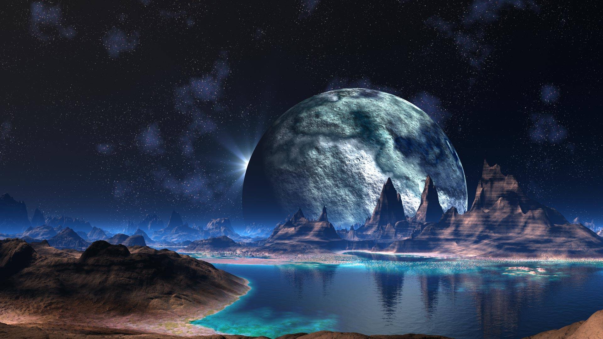 Pla Stars Lake Sci Fi Space Reflection Mountains Wallpaper