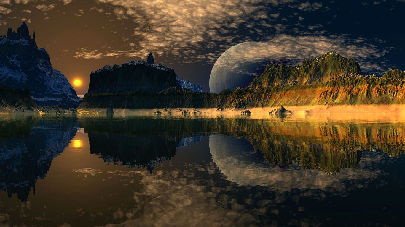Moon rising above the river Widescreen Wallpaper