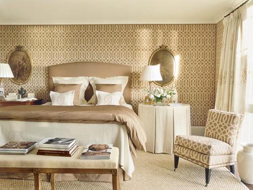 Kelly Wearstlers Imperial Trellis wallpaper and fabric in neutral