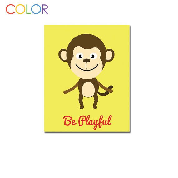 Playful Nursery Print Monkey On Yellow Background X Wall