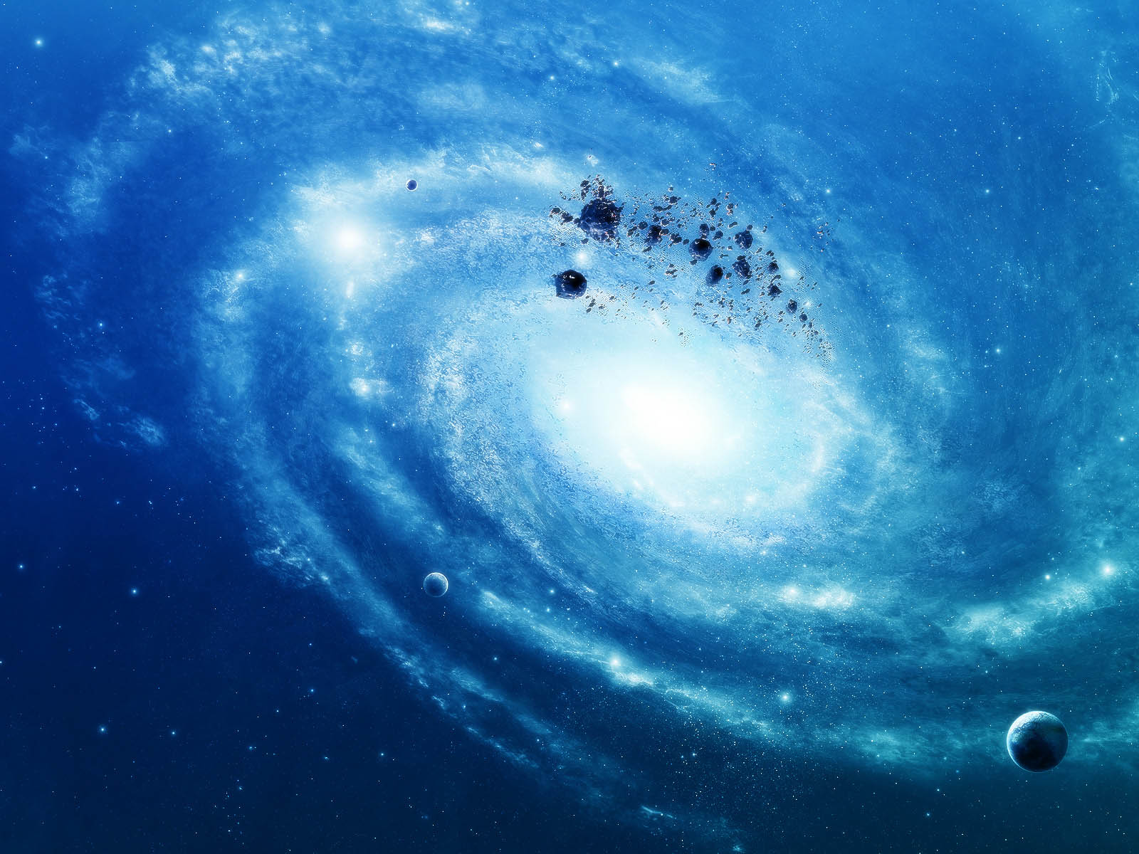 A breathtaking spiral galaxy with a bright core, swirling blue nebulae, dark asteroids, and distant planets. Perfect for space and galaxy enthusiasts