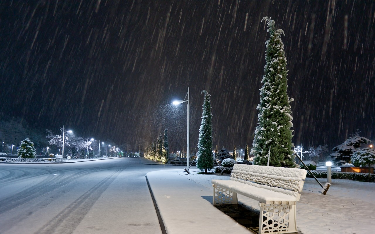 Snow Falling At Night On A Crossroad Widescreen And Full HD