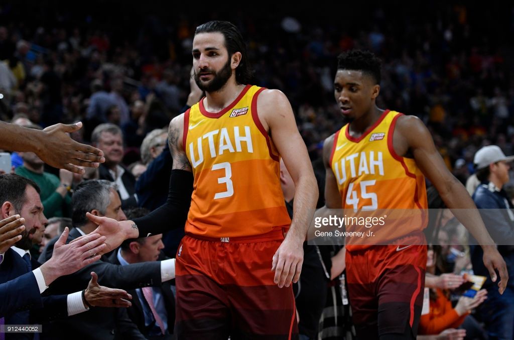 News Photo Ricky Rubio and teammate Donovan Mitchell of the