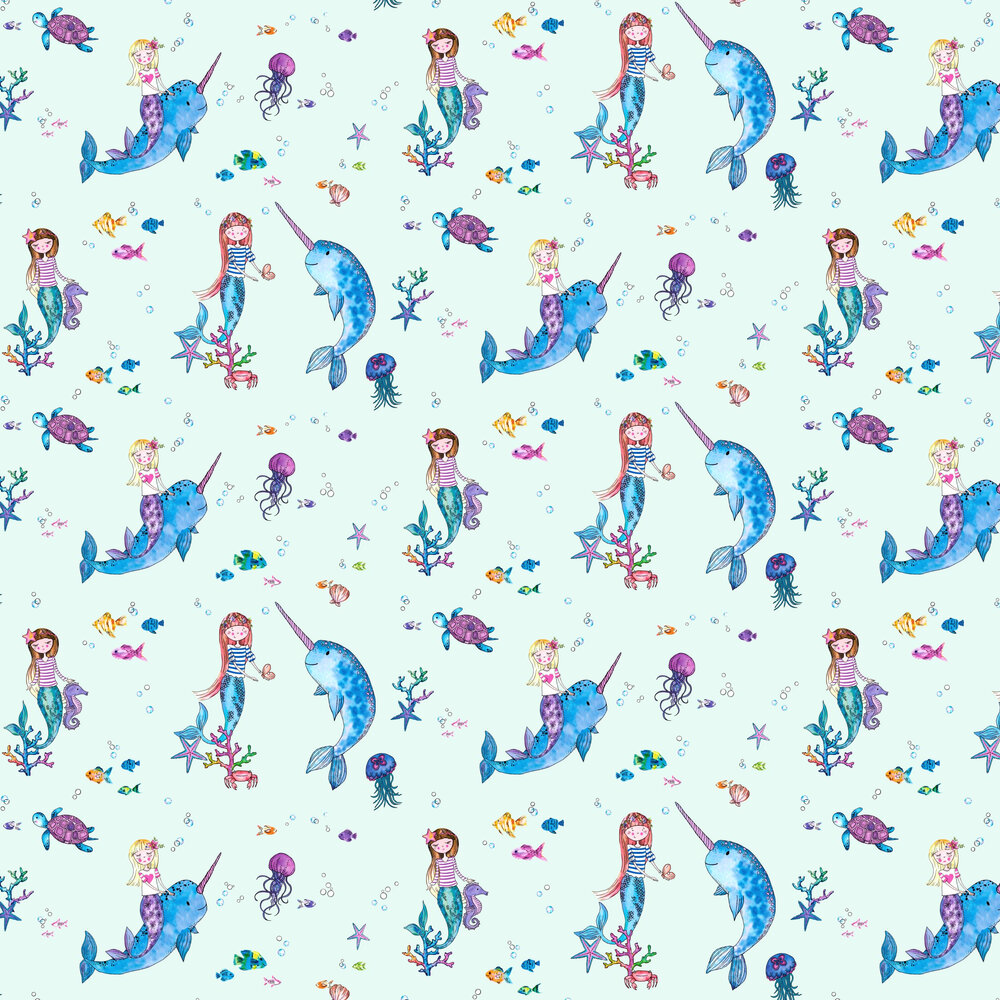 Narwhals And Mermaids By Albany Light Teal Wallpaper