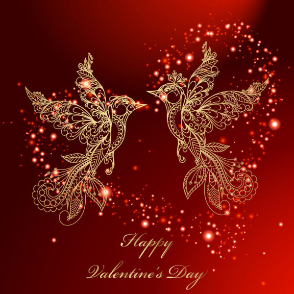Valentines Day red background and birds vector Download Free