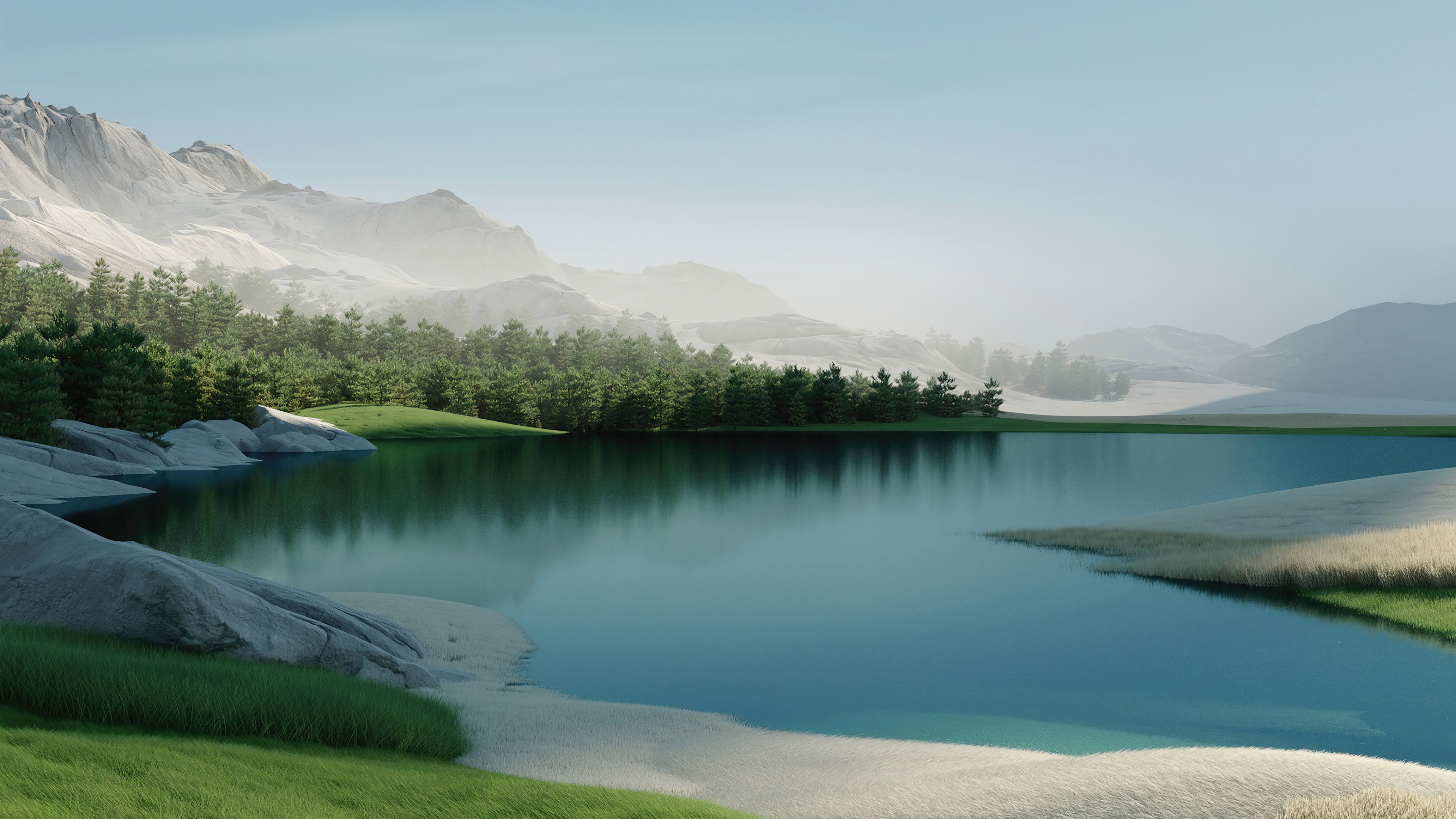 Serene 4K landscape with a tranquil lake reflecting majestic mountains, lush greenery, and a sandy shore