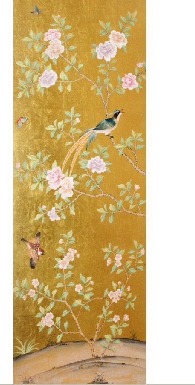 Hand Painted Gold Bright Silk Wallpaper Painting Peony Flowers