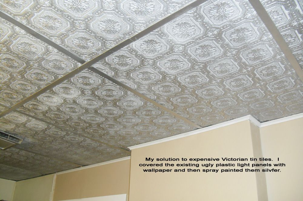 Cover Ugly Drop Ceiling Panels With Textured Wallpaper And Then