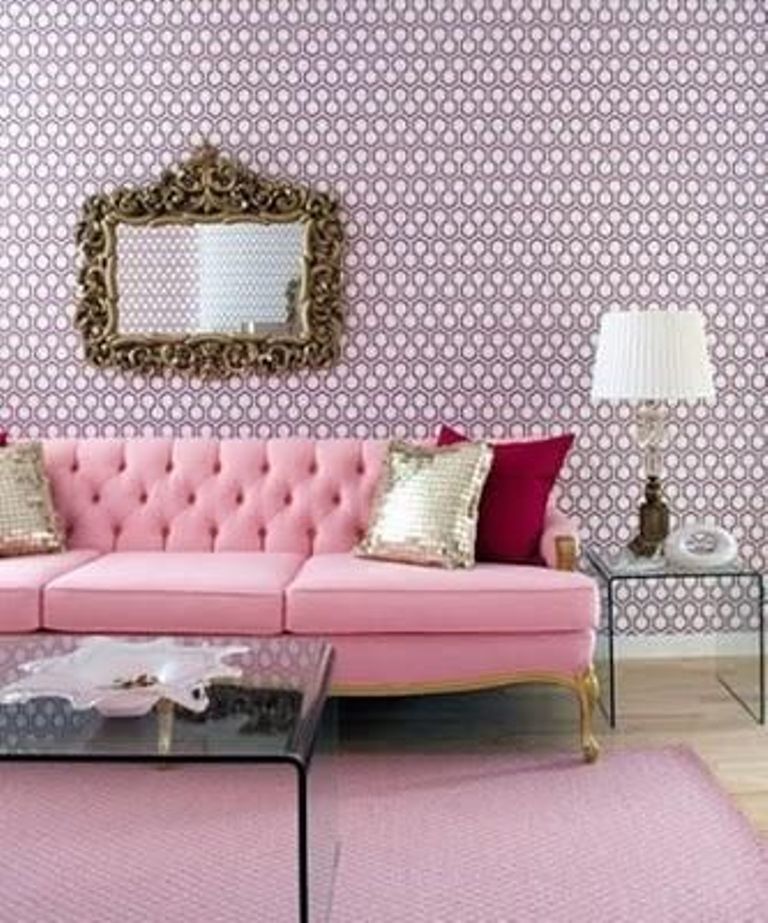 Chic Living Room With Pink Geometric Wallpaper