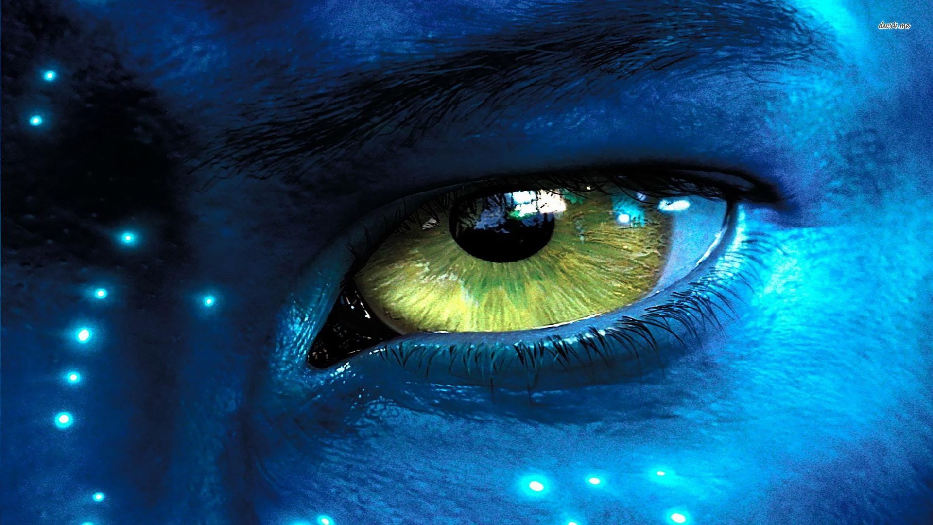 Close-up of a Na'vi's eye from the movie Avatar, showcasing its vibrant yellow-green iris and the bioluminescent flora of Pandora reflected in it