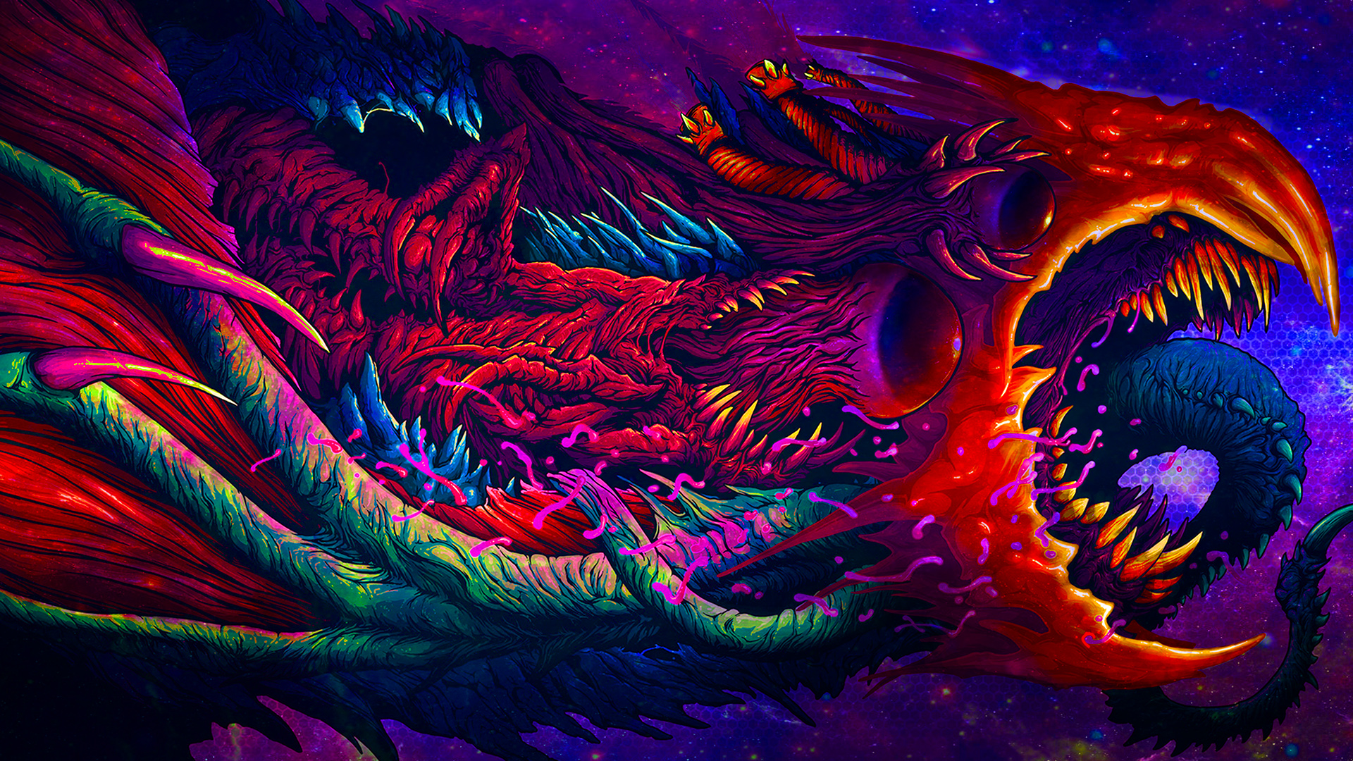 Vivid and surreal digital art featuring a monstrous creature with vibrant colors against a cosmic backdrop