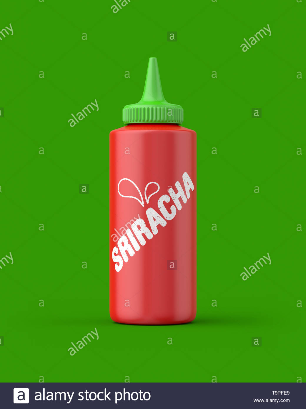 Sriracha Squeeze Bottle On A Green Background 3d Render Front