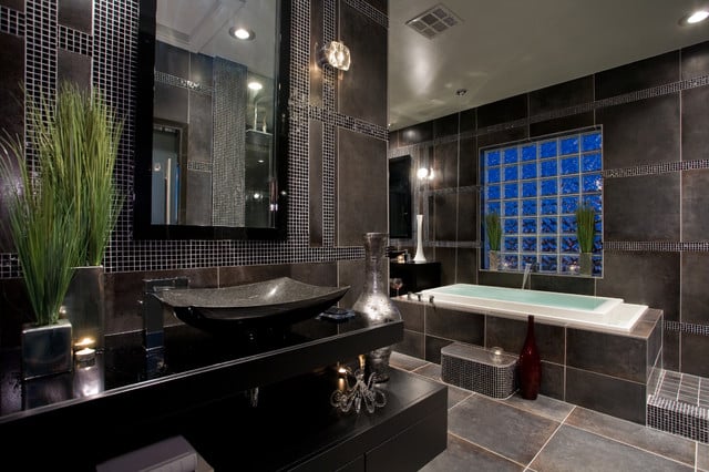 Free Download Contemporary Black And Gray Master Bathroom Contemporary Bathroom [640X426] For Your Desktop, Mobile & Tablet | Explore 47+ Gray Wallpaper For Bathroom | Grey Wallpaper For Walls, Blue And Grey