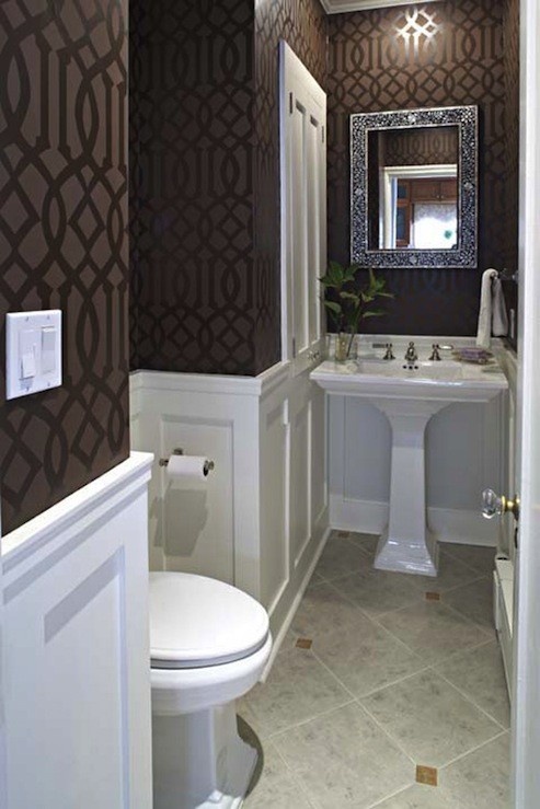 Bathroom in Kelly Wearstler Wallcovering Imperial Trellis 270721 Sable