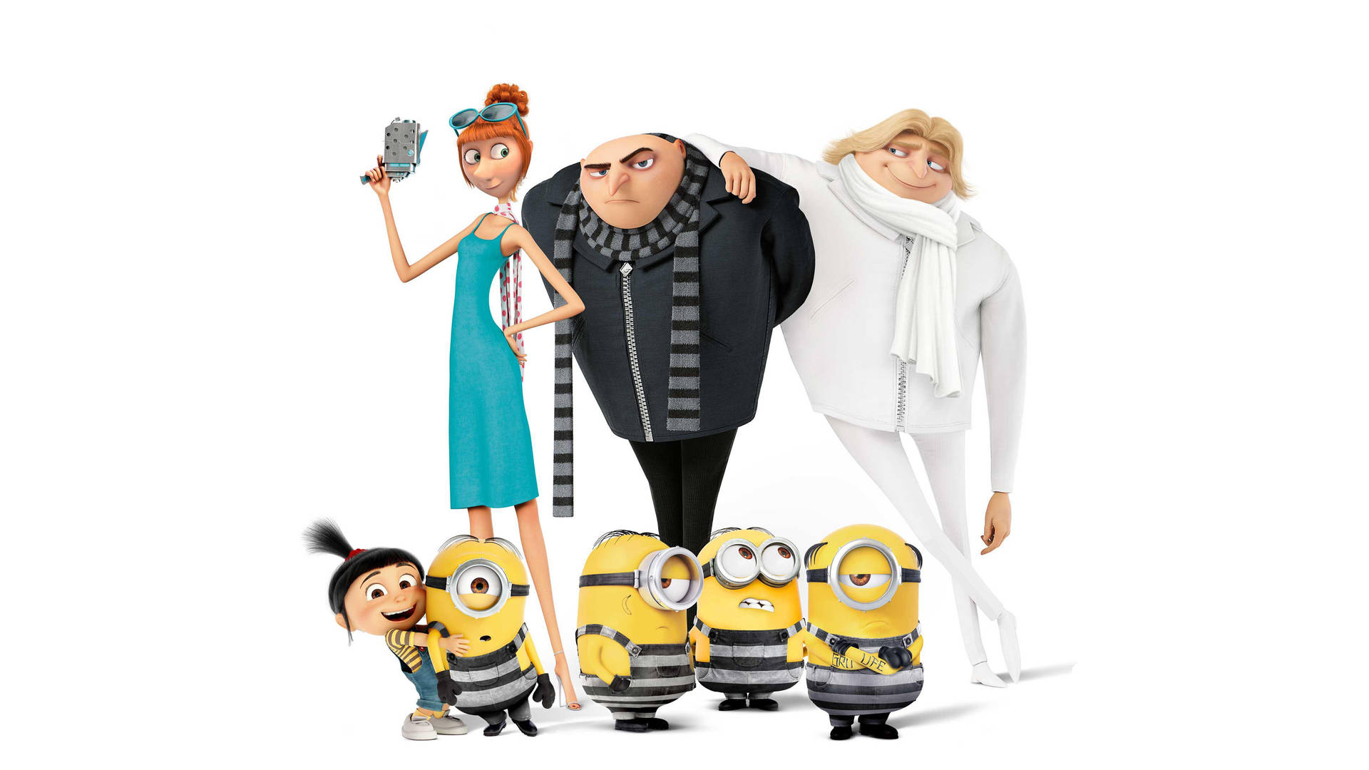 Promotional image for Despicable Me featuring Gru, Lucy, Dru, and Minions