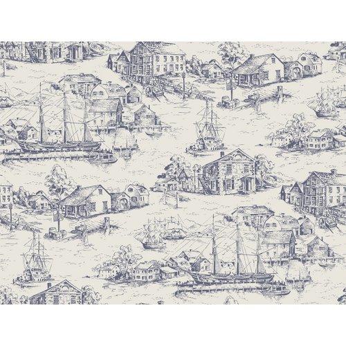 York Wallcoverings At4135 Blue Book Scenic Nautical Toile Wallpaper
