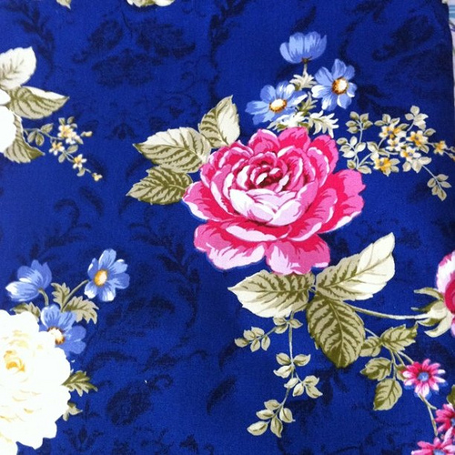 Fabric Big Pink White And Yellow Flowers In Navy Blue Background