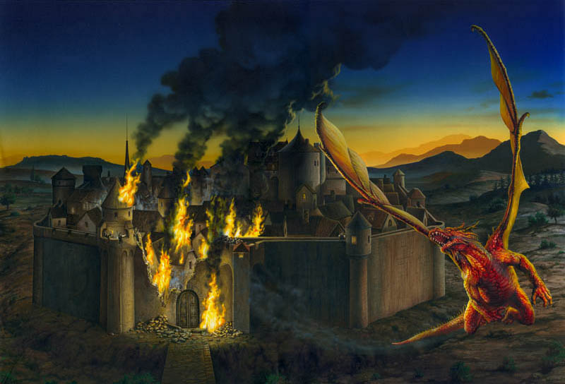Dragon And Burning City Fantasy Dragons Wallpaper Image