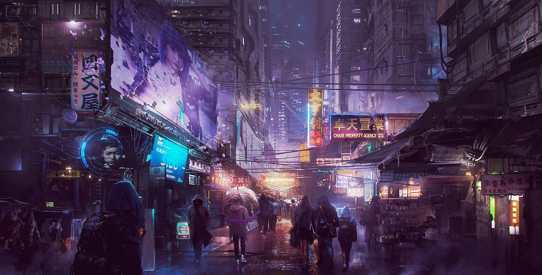 A vibrant cyberpunk cityscape at night, illuminated by neon signs and holographic advertisements, with people walking down a rain-slicked street