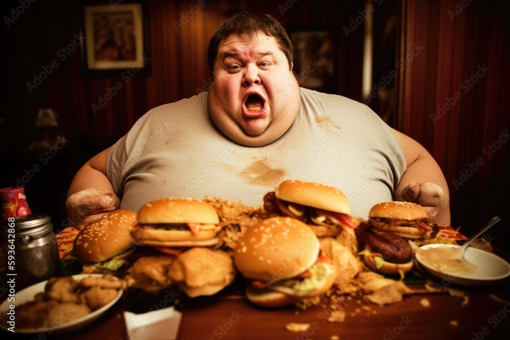 Photo Exaggerated Presentation Of A Greedy Fat Man Eating Fast Food Or Wallpaper