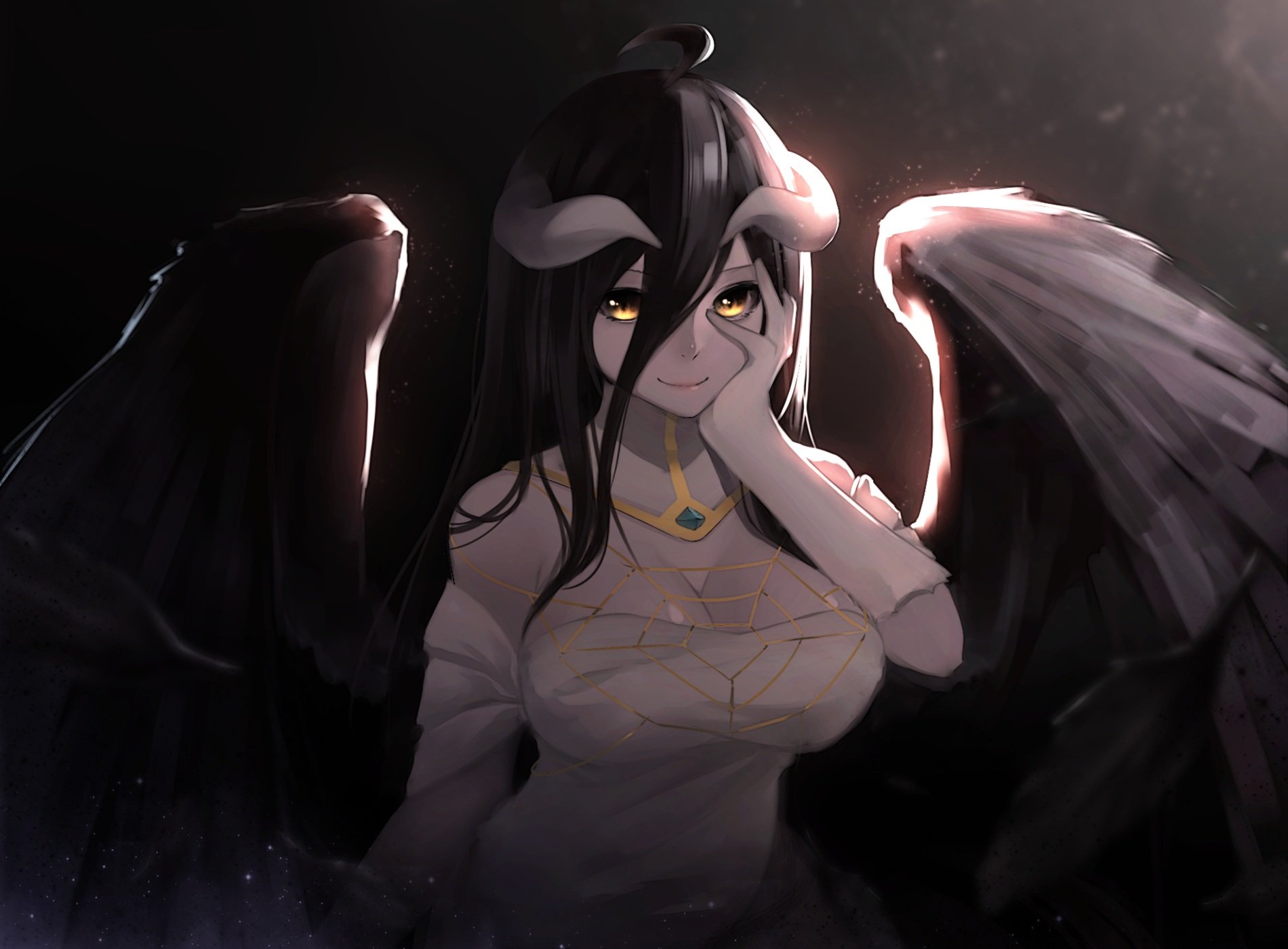Gloves Horns Long Hair Overlord Wings Yellow Eyes Wallpaper Background