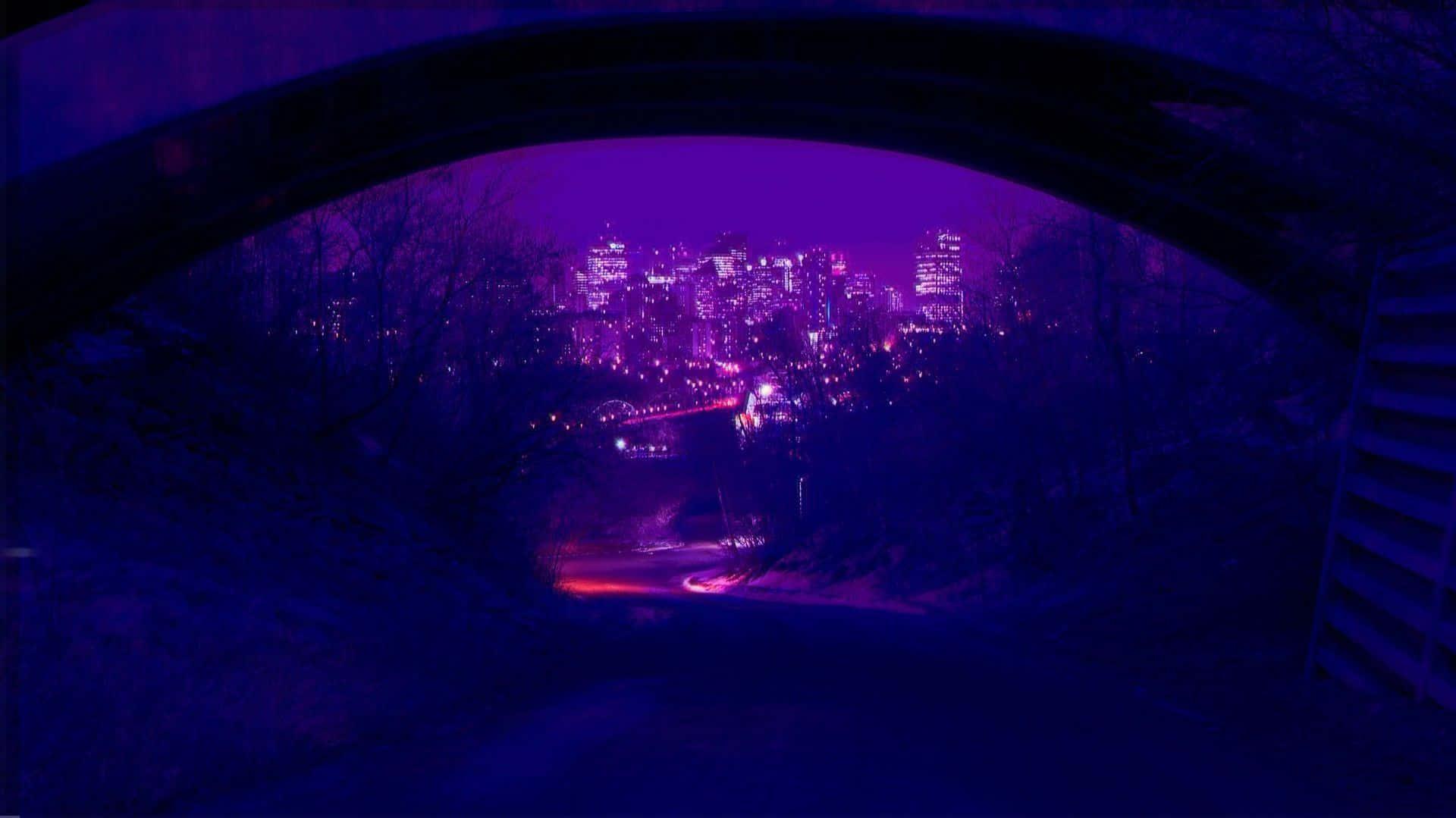 A Purple Tunnel With City Wallpaper