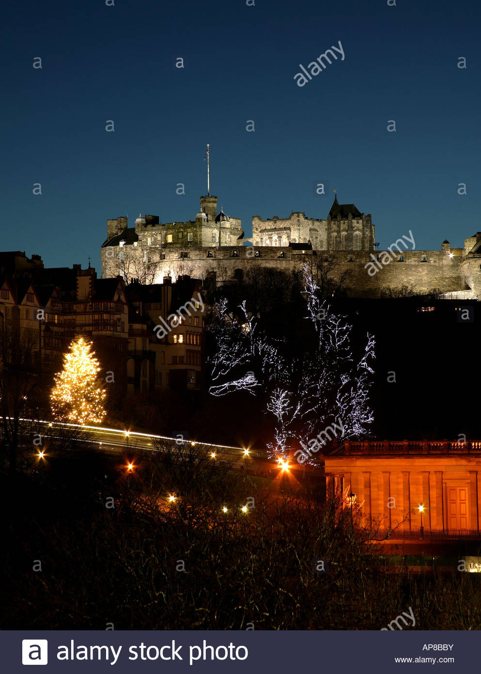 Christmas Scene With Illuminated Edinburgh Castle In The